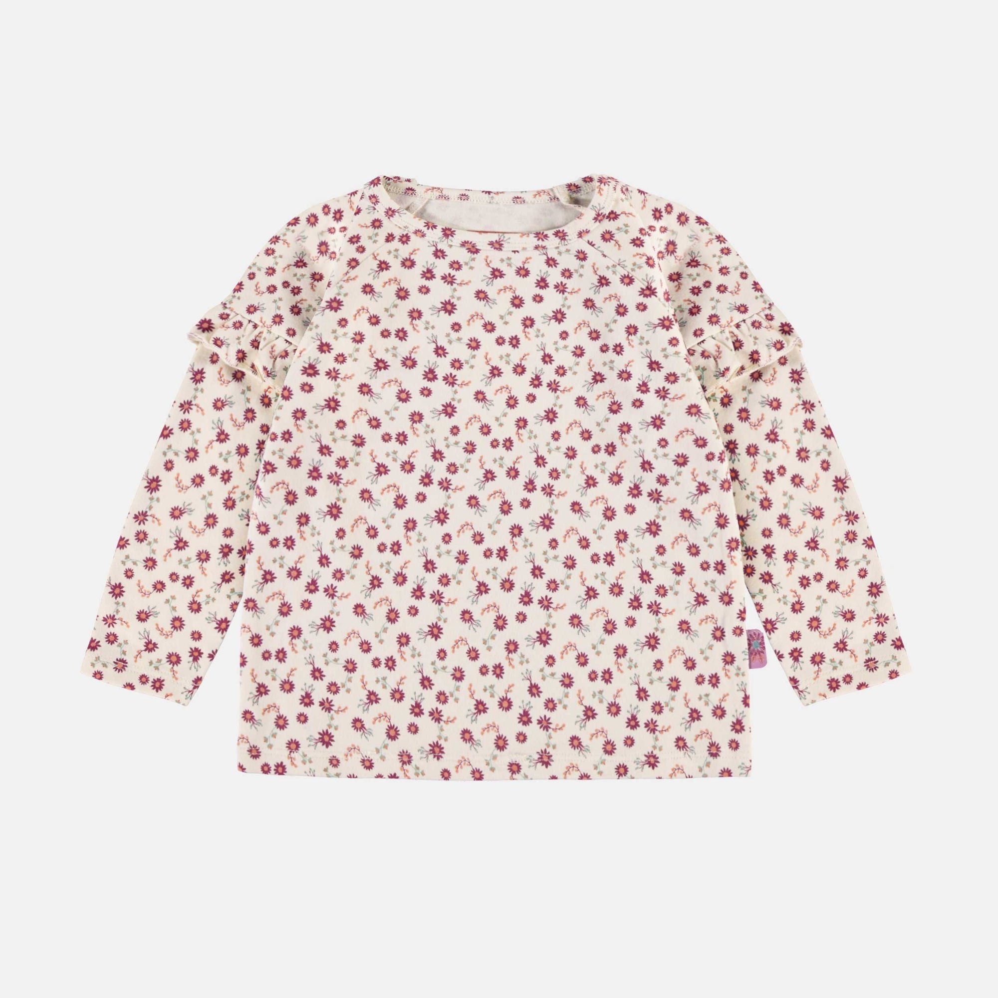 T-shirt crème fleuri avec volants en jersey, bébé || Cream floral t-shirt with ruffles in jersey, baby