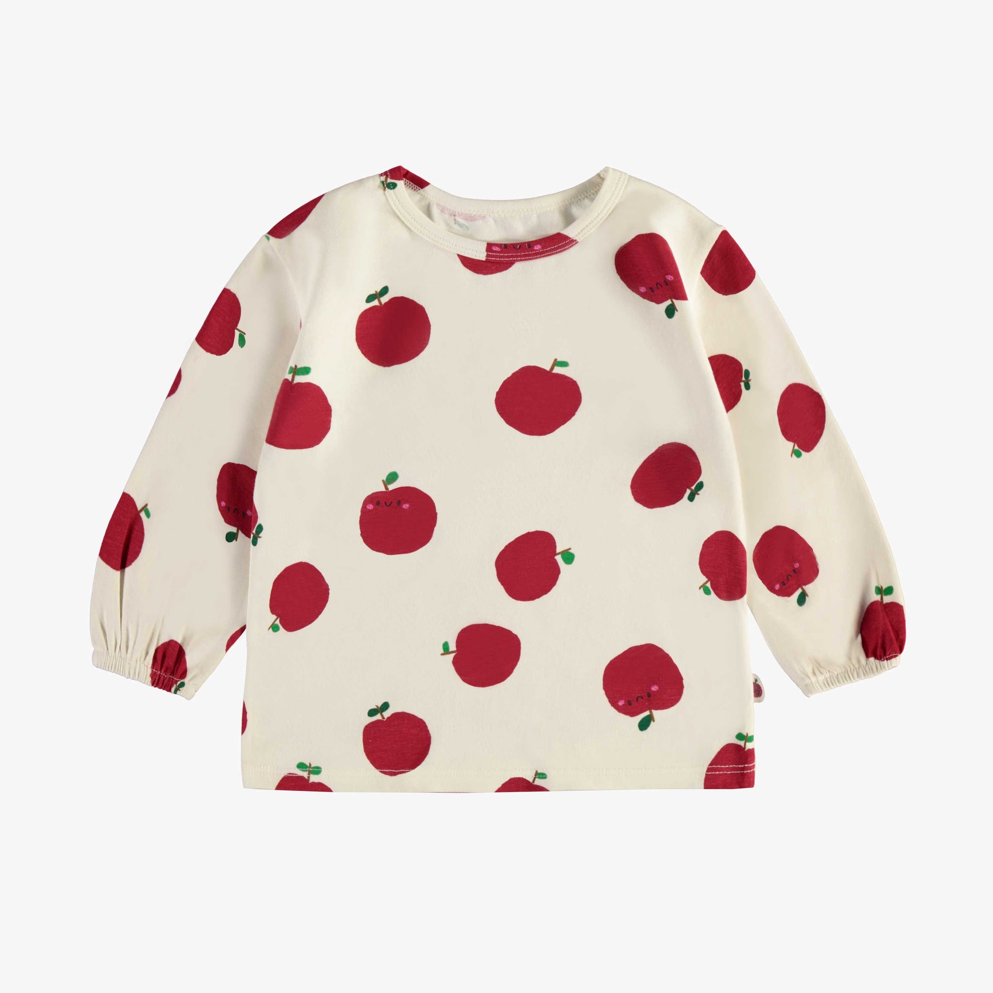 T-shirt crème manches longues à motif de pommes rouges en jersey extensible, bébé || Cream t-shirt with long sleeves and red apples print in stretch jersey, baby