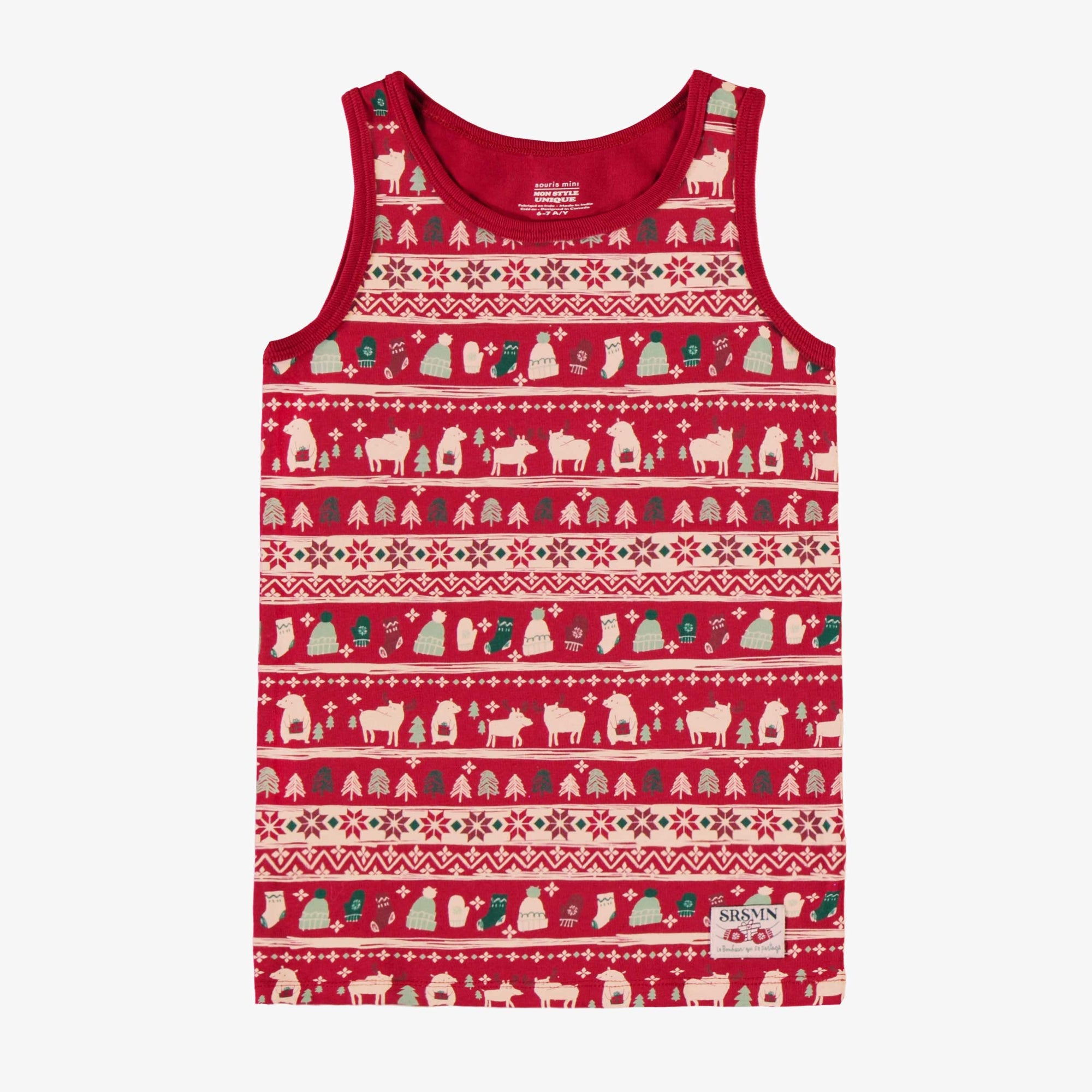 Camisole rouge en jersey extensible à motifs des fêtes, enfant || Red camisole in stretch jersey with holiday all over print, child